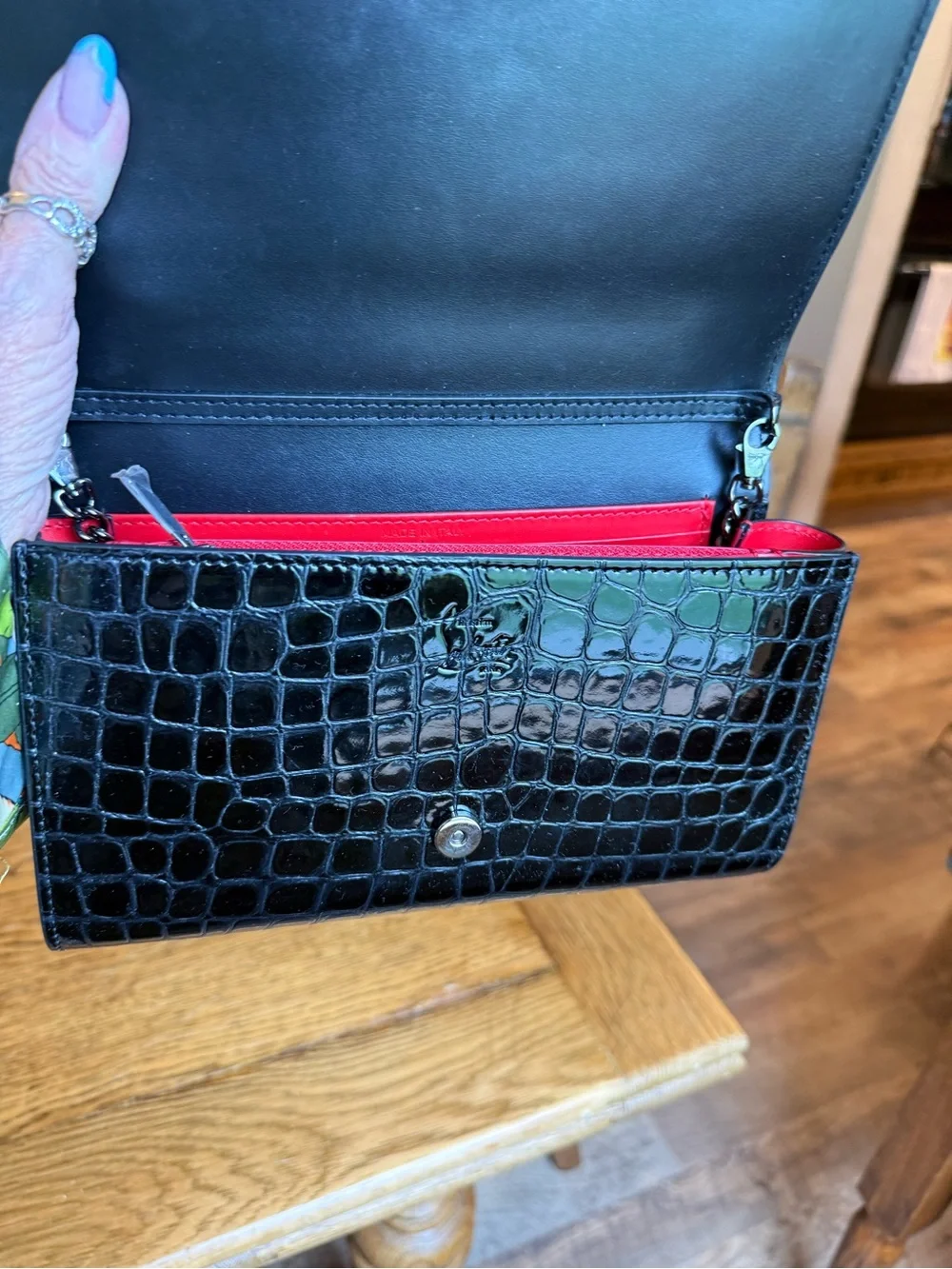 Christian Louboutin Black Patent Croc-Embossed Studded Wallet on chain 3 way bag